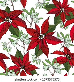 Christmas seamless pattern of red poinsetia and nuts and mistletoe, on a white background. Christmas decoration on white. Vector EPS 10. Christmas concept.