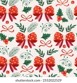 Nahtloses Weihnachtsmuster mit roten Polka-Dot-Bögen, Holly Leaves und Evergreen Sprigs auf cremefarbenem Hintergrund. Wiederholtes Weihnachtsmuster-Design perfekt für Druck, Karten, Banner, Umschlagpapier, Stoff