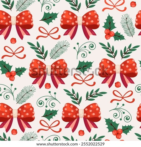 Christmas Seamless Pattern with Red Polka-Dot Bows, Holly Leaves, and Evergreen Sprigs on a Cream Background. Repeated holiday pattern design perfect for print, cards, banners, wrapping paper, fabric
