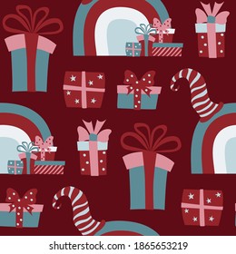 Christmas seamless pattern with red scandinawian gnomes holding gift boxes and xmas stockings on dark red background. Hand drawn flat vector illustration.