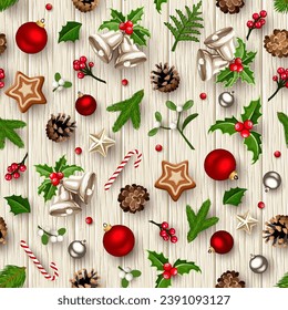 Christmas seamless pattern with red and silver Christmas balls, bells, fir branches, holly, gingerbread cookies, pinecones, and candy canes on a wooden background. Hand-drawn illustration, not AI