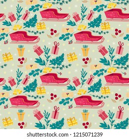 Christmas seamless pattern with red sled, winter floral and christmas gift box. Winter decor for Festival. Happy New Year Wallpaper. Template with simple and flat elements.