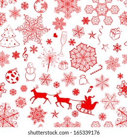 Christmas seamless pattern with red snowflakes and xmas symbols