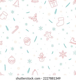 Christmas seamless pattern of red and teal hand drawn icons