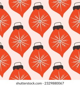 Christmas seamless pattern with red christmas tree toys and stars. Cute holiday wallpaper background with decorative elements. Stock vector illustration on light background.