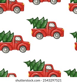 Christmas seamless pattern red truck with Christmas tree on white background