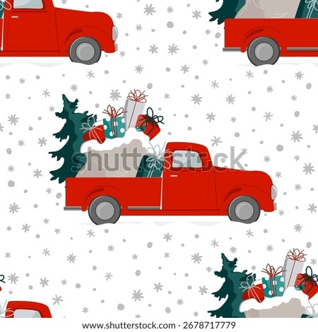 Christmas seamless pattern with a red truck carrying Xmas tree and gifts on snowflakes background. Vintage pick up truck vector illustration.