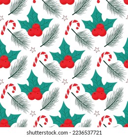 christmas seamless pattern with red vivid berries, candy and branches