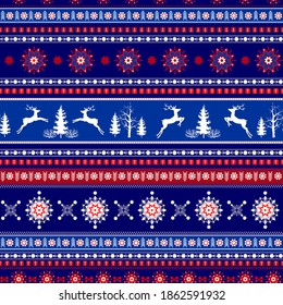 Christmas seamless pattern with red and white geometric elements, silhouettes of deer, trees arranged in horizontal rows. Vector ornaments on dark blue background