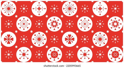 Christmas seamless pattern in red and white. Winter vector with hearts, snowflakes and stars. Repeated background for wrapping paper, textile, banner, poster. Eps 10
