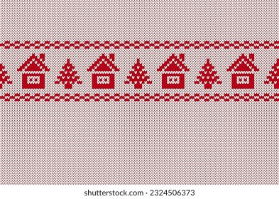 Patrón de Navidad sin fisuras. Impresión de cuchillos rojos y blancos con ciervos y casas. Fondo de suéter de punto. Textura geométrica de Navidad. Ornamento de la isla de ferias de vacaciones. Frontera festiva. Ilustración del vector