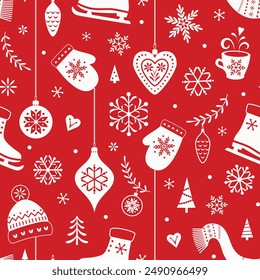 Christmas seamless pattern. Red and white background. Scandinavian style. Vector illustration.