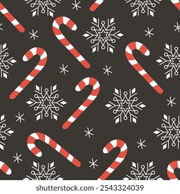 Christmas seamless pattern with red and white candy canes, snowflakes on a dark background