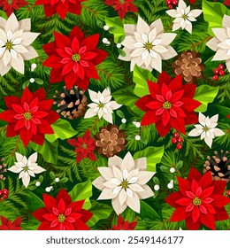 Navidades sin patrón con flores de flor de nochebuena rojas y blancas, conos de pino y ramas de abeto. Navidades de Vector de impresión sin costuras. Ilustración dibujada a mano, no IA