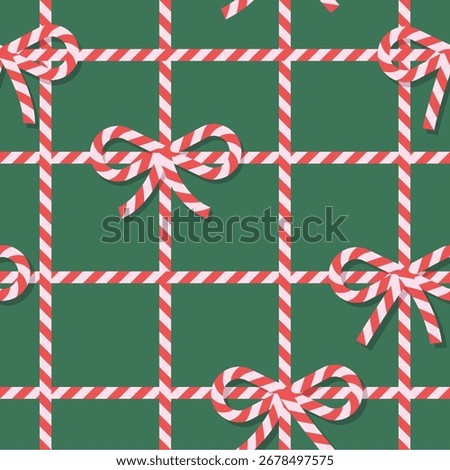 Christmas seamless pattern with red and white striped ribbon and bows. Sweet background with candy cane grid. Perfect for seasonal gift paper, textile, celebration design. Vector illustration.