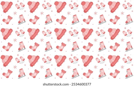 Christmas seamless pattern of red winter mittens, hat, sock, ice skates, and snowflakes on white background.  Collection of winter clothes and accessories. Watercolour set. Vector illustration.