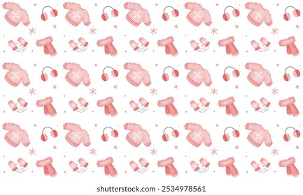 Christmas seamless pattern of red winter mittens, sweater, earmuffs, scarf and snowflakes on white background.  Collection of winter clothes and accessories. Watercolour set. Vector illustration.