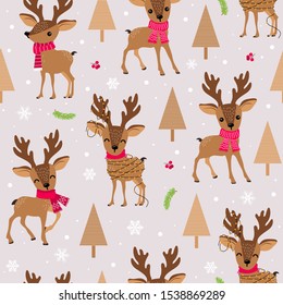 Christmas seamless pattern with reindeer background, Winter pattern with deer, wrapping paper, pattern fills, winter greetings, web page background, Christmas and New Year greeting cards