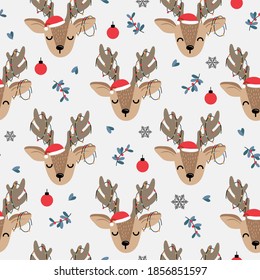 Christmas seamless pattern with reindeer background, Winter pattern with deer and decoration lights, wrapping paper, winter greetings, web page background, Christmas and New Year greeting cards