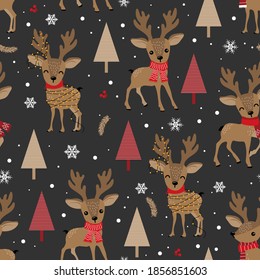 Christmas seamless pattern with reindeer background, Winter pattern with deer, wrapping paper, winter greetings, web page background, Christmas and New Year greeting cards