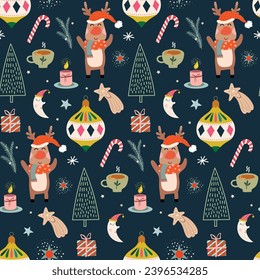 Patrón de Navidad sin fisuras con renos, bolas de Navidad y elementos decorativos, papel tapiz de invierno de temporada, fondo, papel envolvente