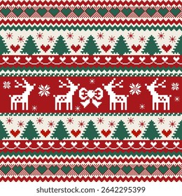 Christmas Seamless Pattern with Reindeer, Bows, and Hearts