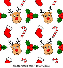 christmas seamless pattern. reindeer and candy on white background. vector Illustration.