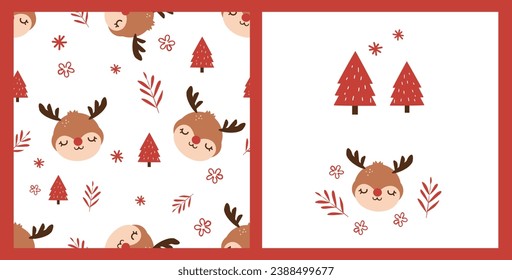 Christmas seamless pattern with reindeer cartoon, red branch, snowflakes and Christmas tree on white background. Christmas tree and reindeer cartoon icon sign isolated on white background vector.