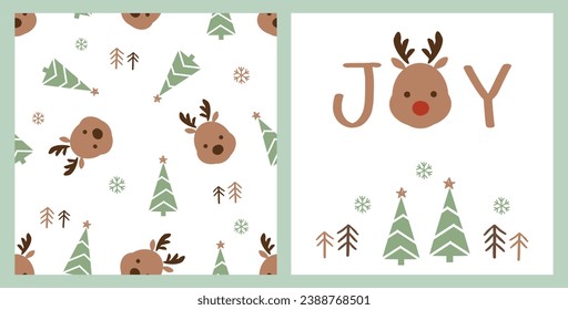 Christmas seamless pattern with reindeer cartoon on white background. Hand written font with reindeer cartoon, Christmas tree and snowflakes icon sign isolated on white background vector illustration 