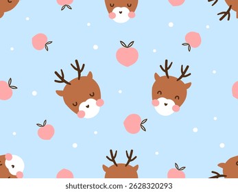 Christmas seamless pattern with reindeer cartoons, pink peach fruit and snow on blue sky background vector.