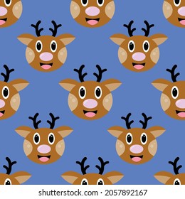 Christmas seamless pattern with reindeer.  Deer head cartoon on blue background. Christmas magic animal. Cute wrapper paper, textile prints, children wallpapers. Vector illustration