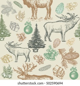 Christmas seamless pattern, reindeer, fir tree, balls, fir cones, gifts, bells hand drawn vector, christmas pattern with reindeer 