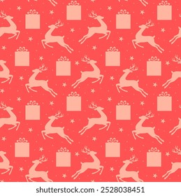 Christmas seamless pattern with reindeer and gift boxes. Vector illustration.