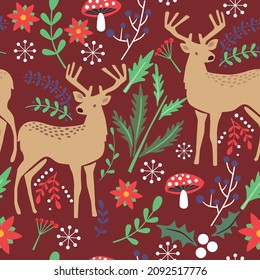 Christmas seamless pattern with reindeer, holly berries, leaves, flowers, mushrooms. Vector illustration. 