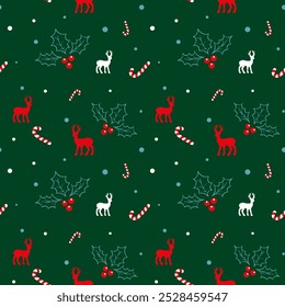 Natal padrão sem emenda com rena, bagas de azevinho, e Candy Cane em um fundo verde. Fundo de Natal, padrão sem emenda. Ilustração vetorial. EPS 10