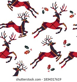 Christmas seamless pattern of reindeer on tartan pattern and berries with leaves. Vector illustration.