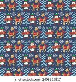 Christmas seamless pattern with reindeer and penguin