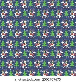 Christmas seamless pattern with reindeer and penguin