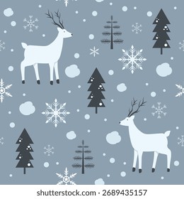 Christmas seamless pattern with reindeer and pine tree  for wrapping paper, wallpaper, background, greeting card.