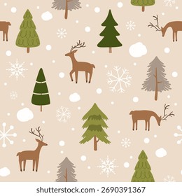 Christmas seamless pattern with reindeer and pine tree for wrapping paper, wallpaper, background, greeting card, scrapbook, textile, fabric print.
