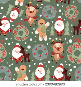 Christmas seamless pattern of reindeer, Santa Clauses and Christmas wreaths