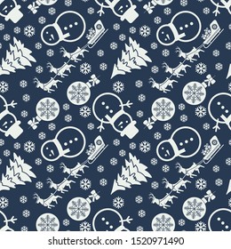 Christmas seamless pattern with Reindeer, Sleigh with gifts, Snowman and Christmas tree. Vector illustration
