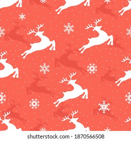 Christmas seamless pattern with reindeer and snowflakes. Design of Christmas decoration. Design for fabric, textile, wallpaper, surface, background, print, etc. Vector illustration.