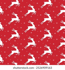 Christmas seamless pattern with reindeer and snowflakes on red background. Winter holiday vector illustration.