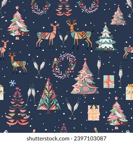 Christmas seamless pattern. Reindeer, stylized Christmas trees, glasses of champagne, wreaths, gifts. Pattern for wrapping paper. Festive pattern on fabric.