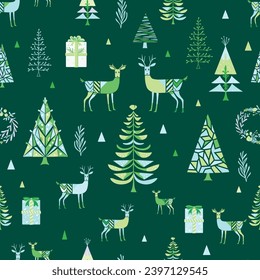 Christmas seamless pattern. Reindeer, stylized Christmas trees, branches, wreaths, gifts. Pattern for wrapping paper. Festive pattern on fabric.