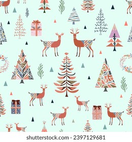 Christmas seamless pattern. Reindeer, stylized Christmas trees, branches, wreaths, gifts. Pattern for wrapping paper. Festive pattern on fabric.