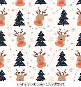 
Christmas seamless pattern with reindeer and Christmas tree, hand drawn elements, winter design
