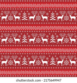 Christmas seamless pattern with reindeer, tree and snowflakes