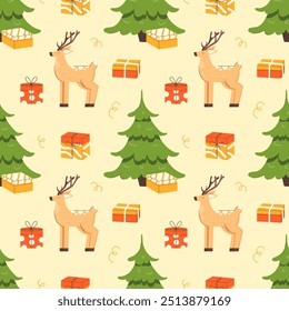 Christmas seamless pattern with reindeer and Christmas tree